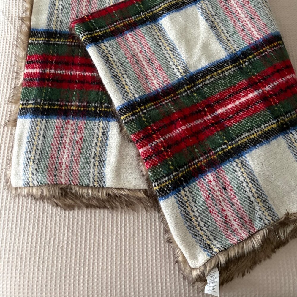 POTTERY BARN STEWART PLAID FAUX FUR BACK THROW BLANKET ~ 50 X 60" ~ IVORY ~ NWOT